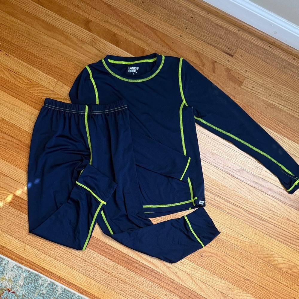 Lands' End Navy Baselayer Set with Lime Trim